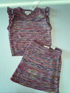 Peek Pink Multi Knit Ruffle Sleeve Top & Skirt Set
